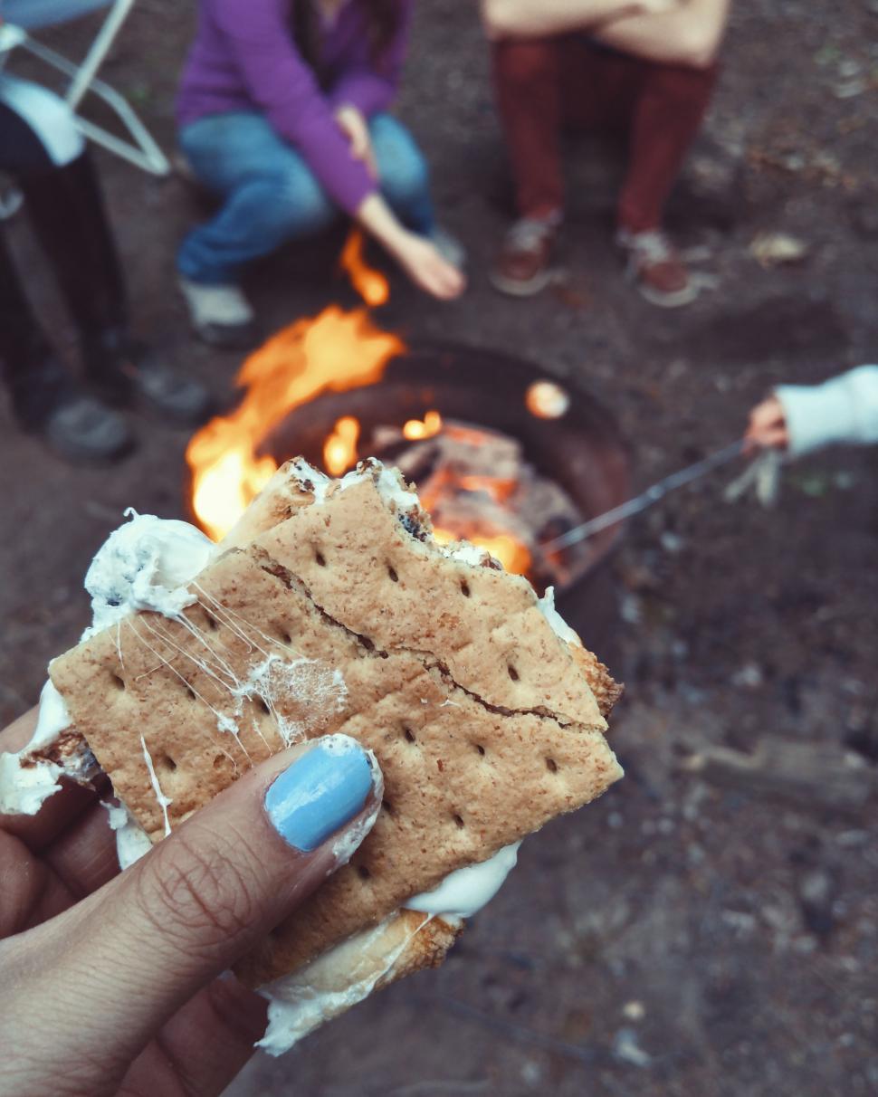 Free Image of A hand holding a smores over a fire 