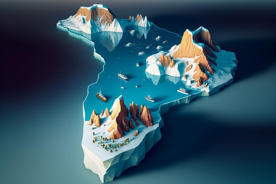 Free Image of isometric artic landscape cold snow ice rocky land climate environment water glacier boats illustration design 3d render earth global 