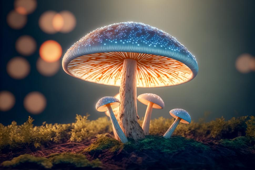 Free Image of Mystical glowing mushrooms in a magical forest 