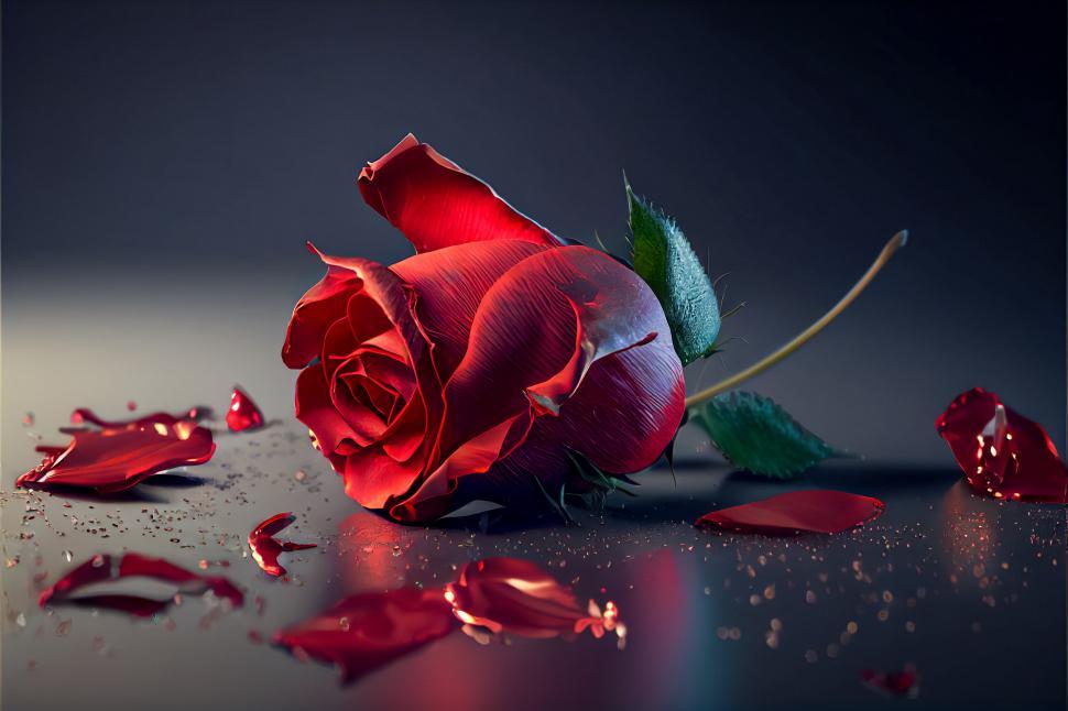 Free Image of Red rose with petals scattered around 
