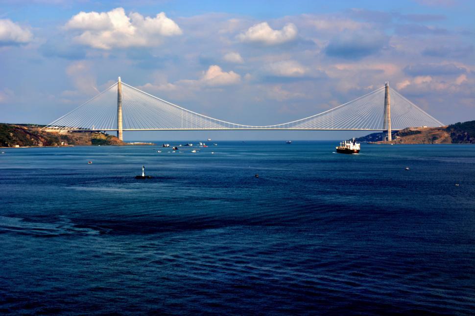 Free Image of Suspension bridge over a serene sea 