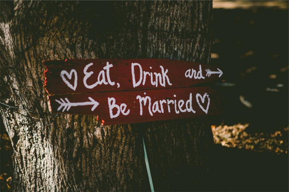 Free Image of Rustic wedding sign on a tree 