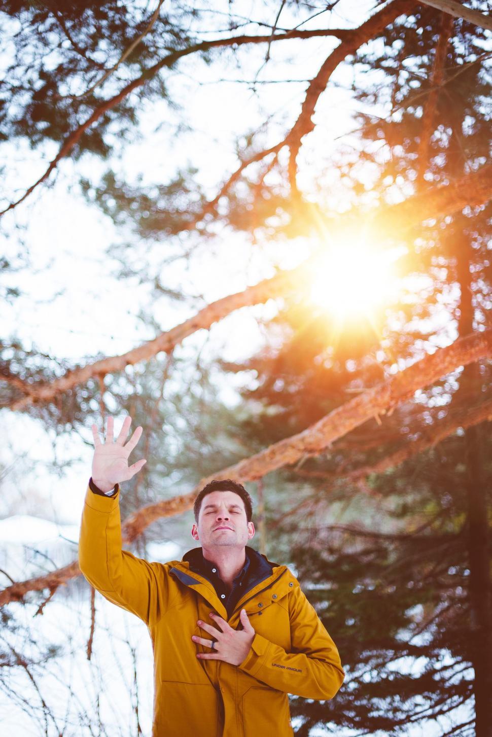 Free Image of Man enjoying sun in winter forest 