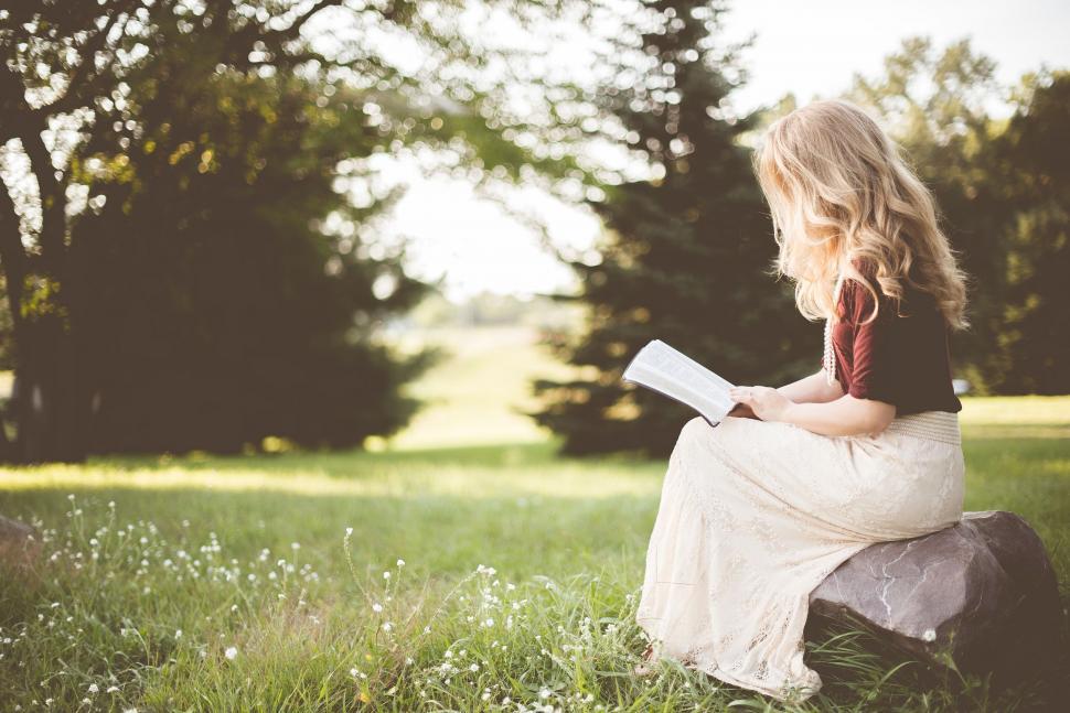 Free Image of Woman reading on a rock in tranquil field 