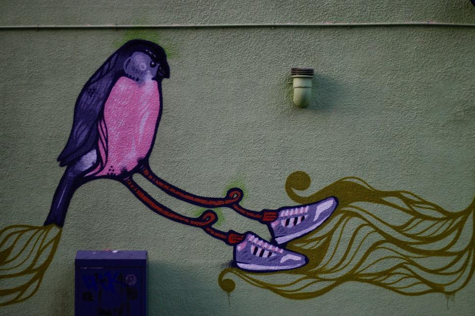 Free Image of Street art of a bird wearing sneakers 