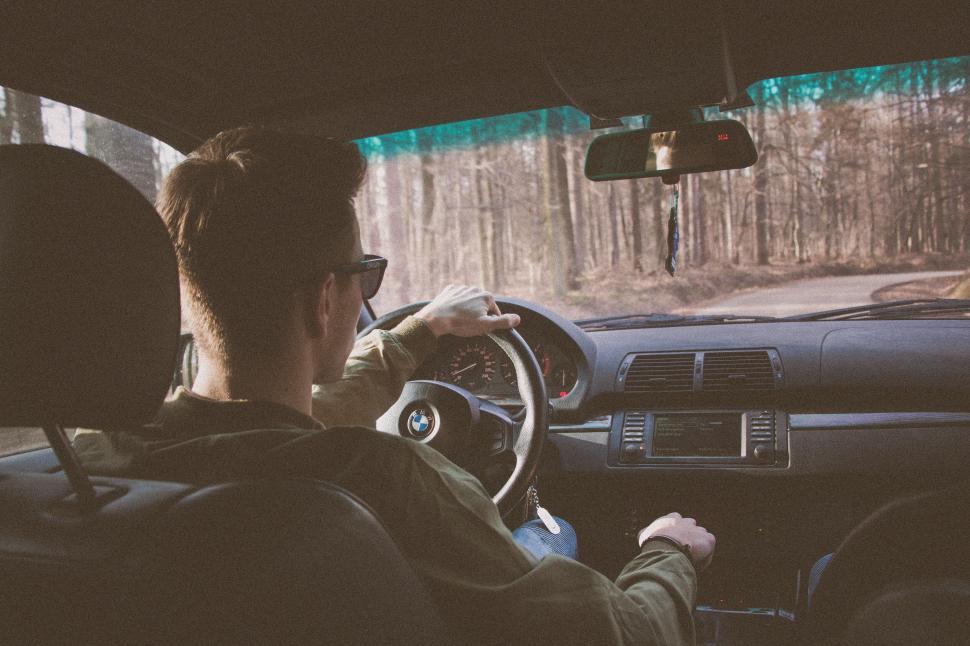 Free Image of Man driving through forest in sunlight 