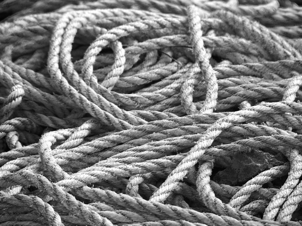 Free Image of Tangled pile of white ropes on ground 
