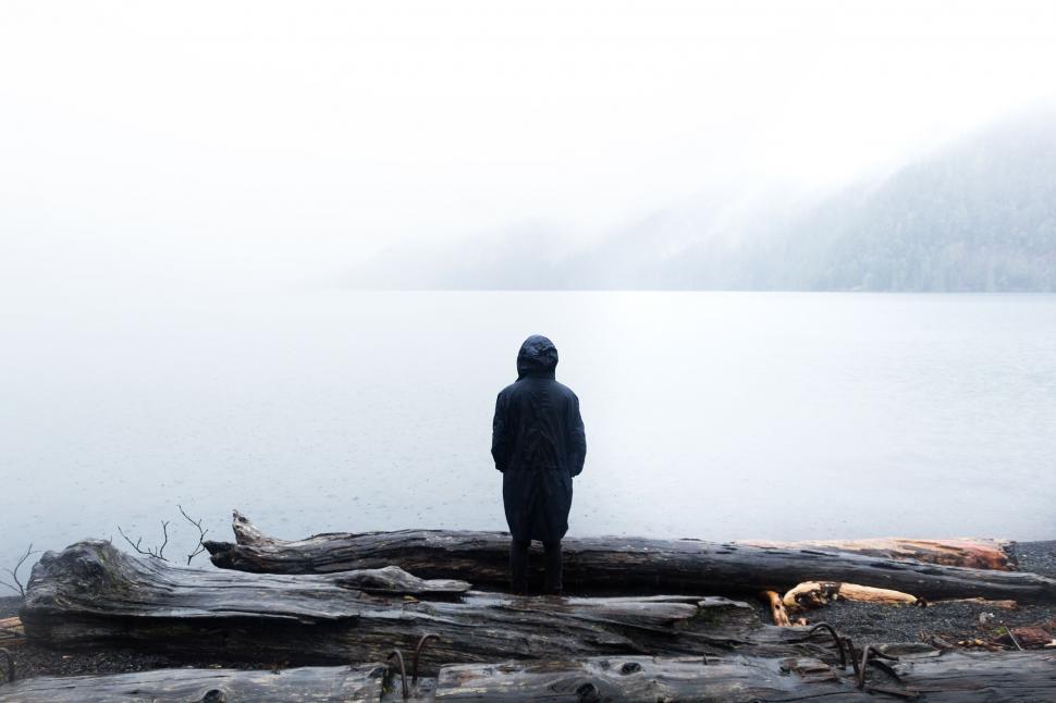 Free Image of Solitary Figure Overlooking Misty Lake 