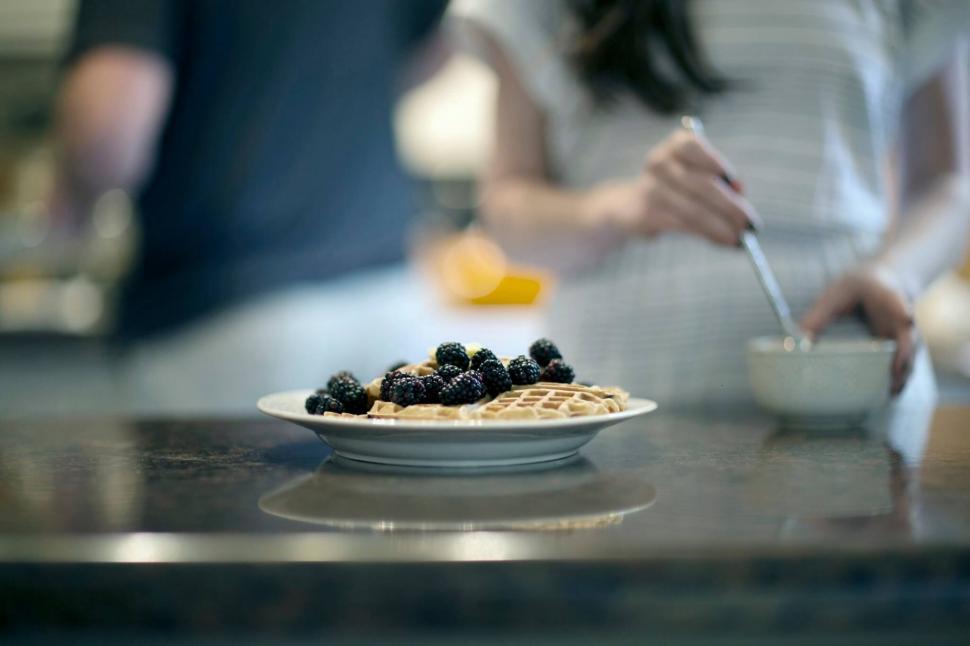 Free Image of Breakfast scene with waffles and berries 