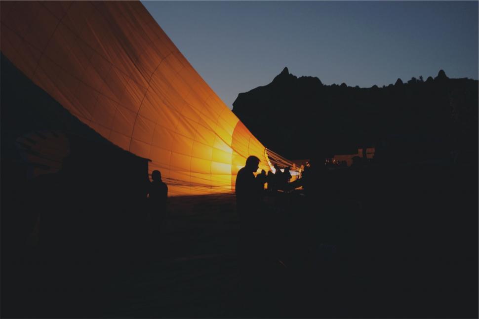 Free Image of Silhouette at sunset with hot air balloon 