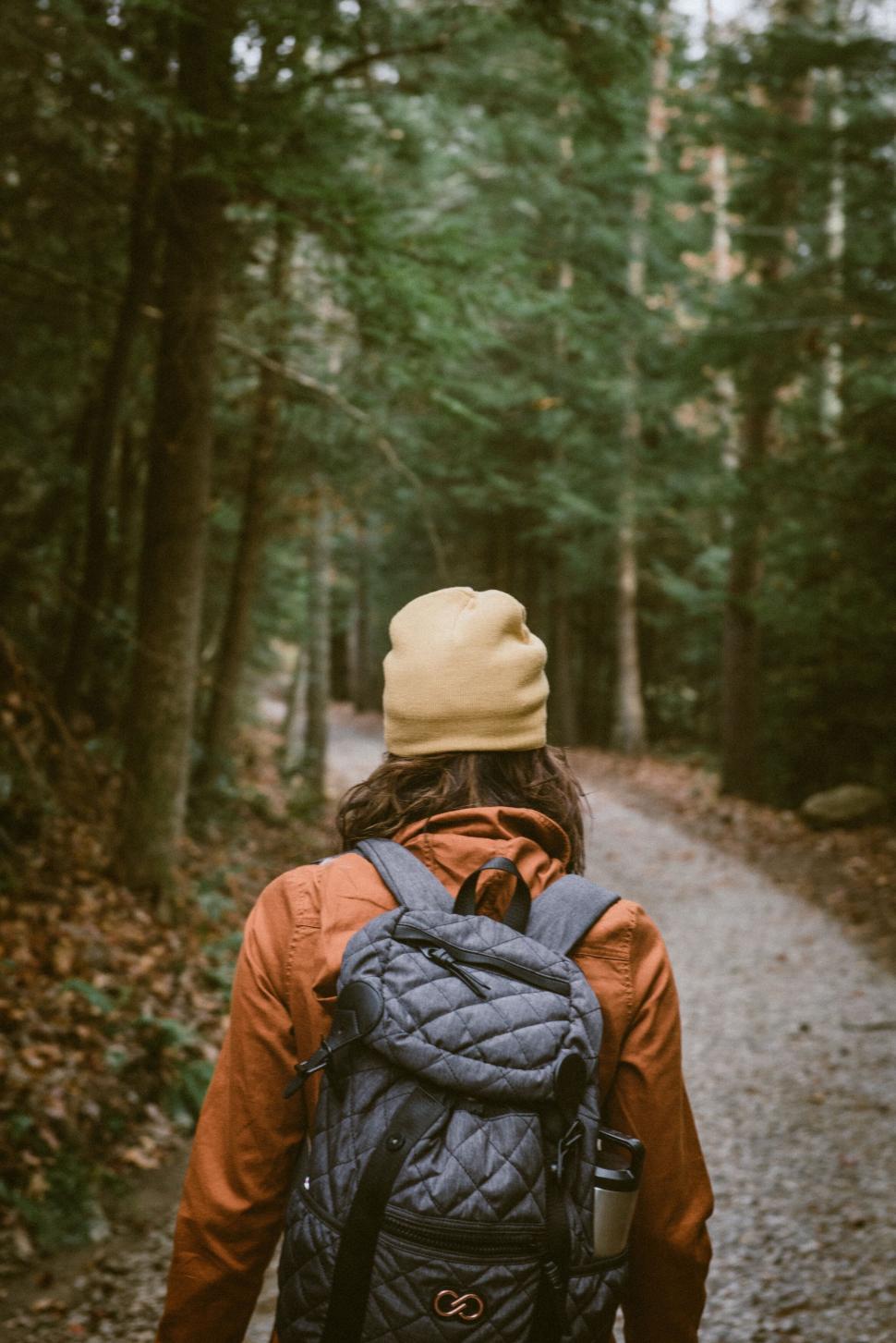 Free Image of Hiker on a forest trail wearing beanie 