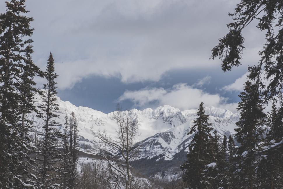 Free Image of Mountain landscape with snowy peaks and trees 