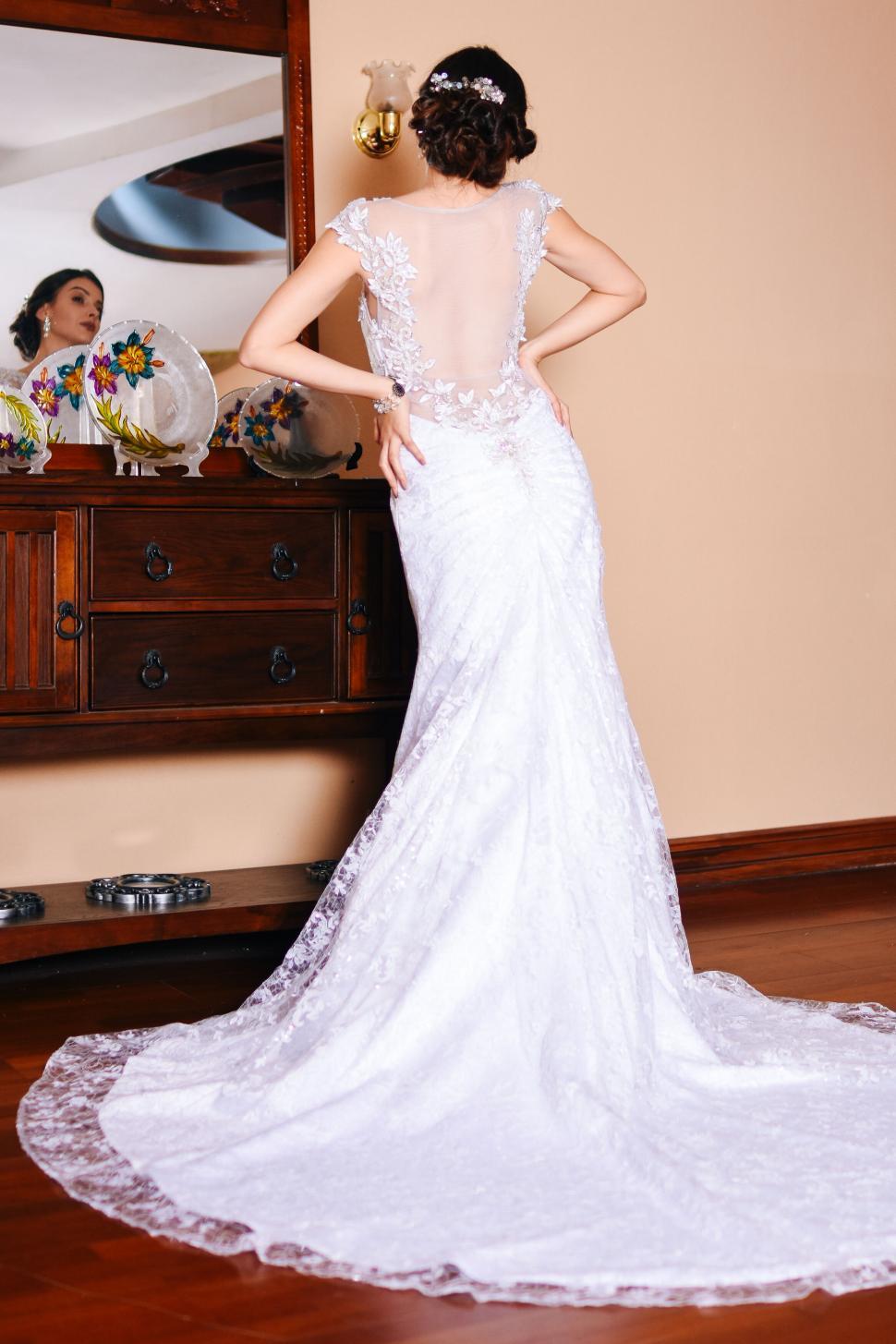 Free Image of Bride in intricate backless wedding gown 