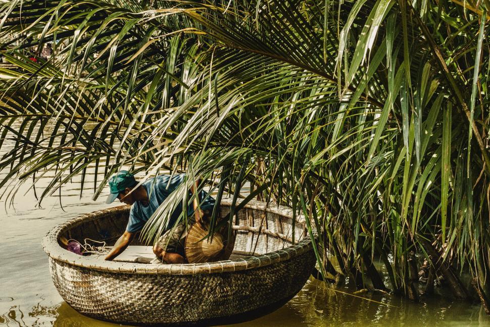 Free Image of Fisherman in basket boat among palms 