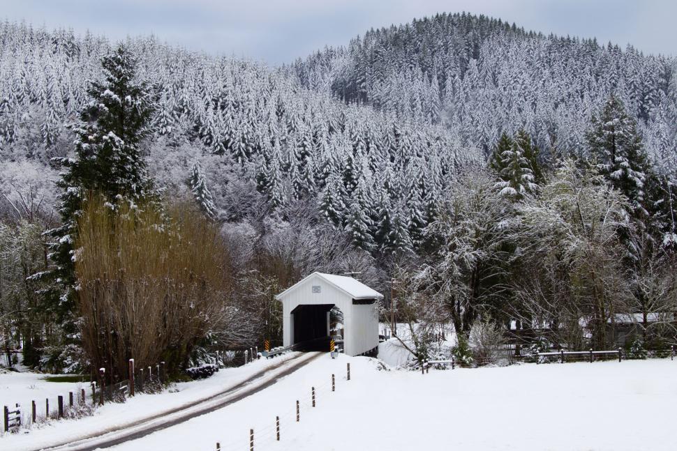 Free Image of Snow-covered landscape with a scenic bridge 