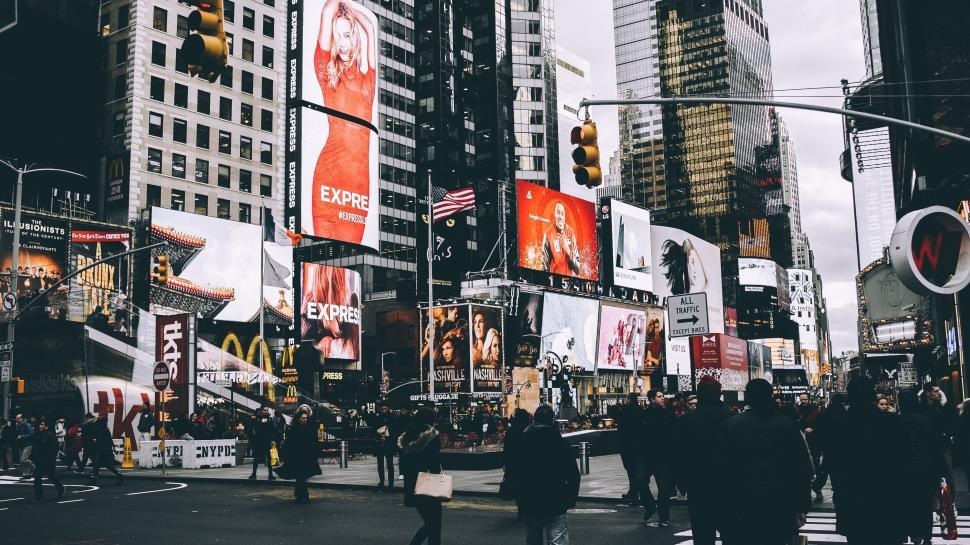 Free Image of Bustling city scene with vibrant billboard ads 