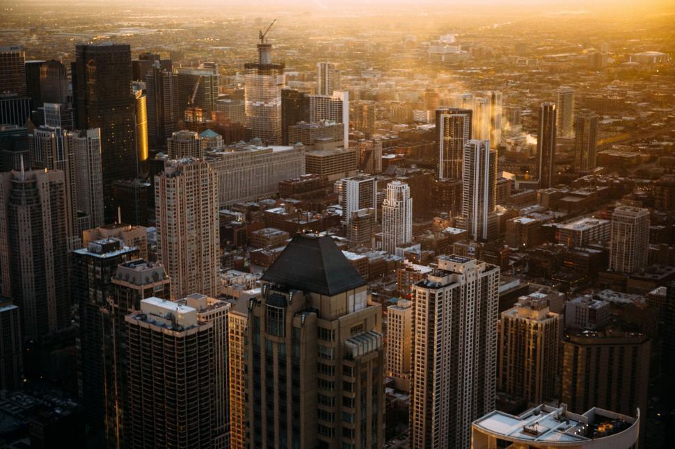 Free Image of Aerial view of Chicago cityscape at sunset 