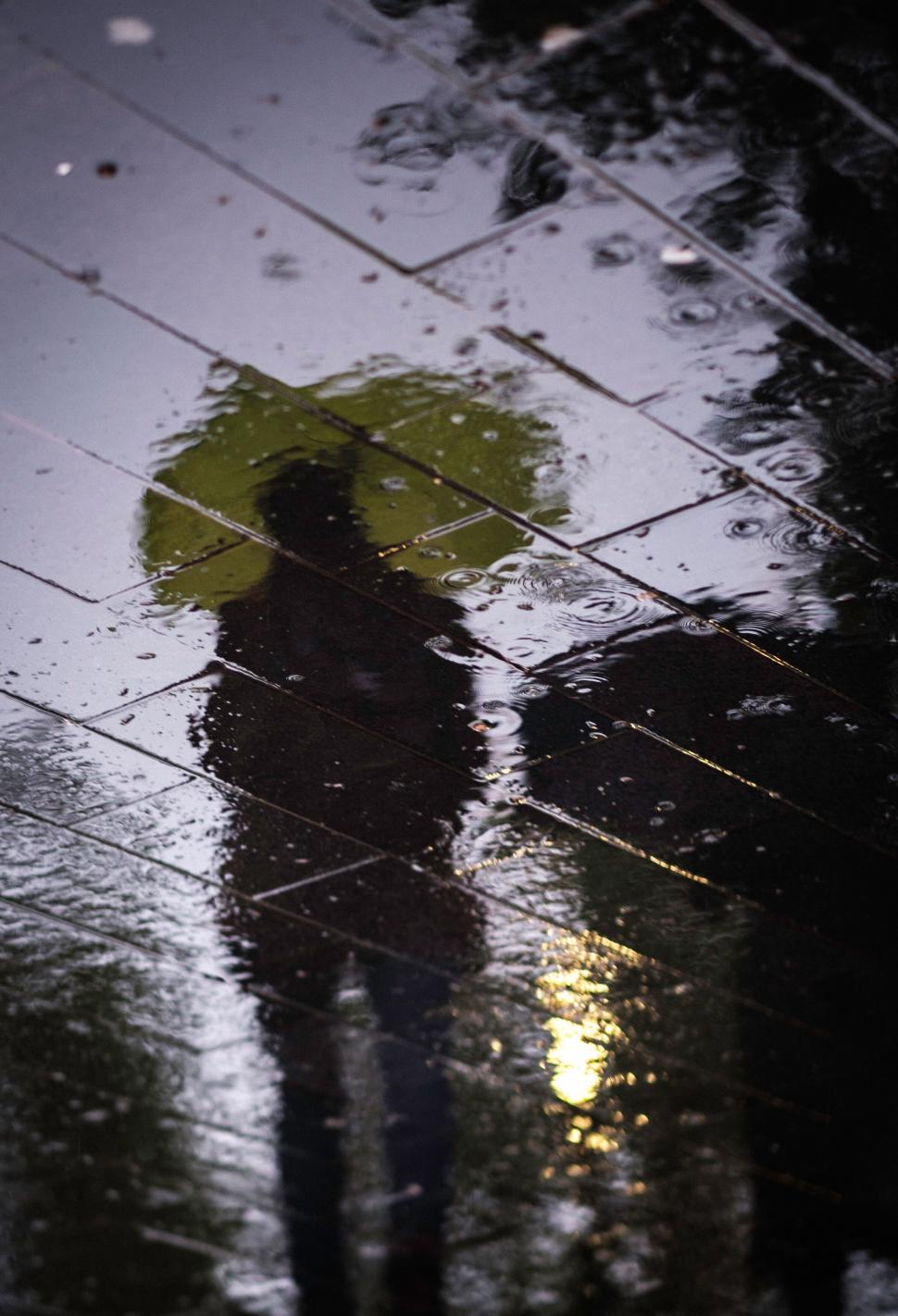 Free Image of Rainy pavement reflection of yellow umbrella 