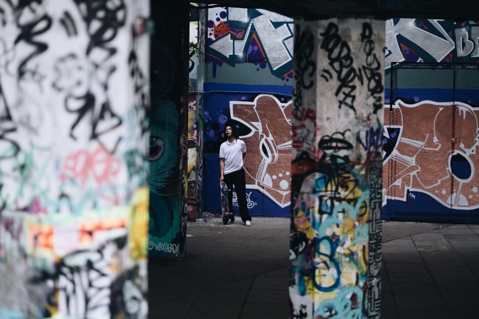 Free Image of Urban scene with graffiti and a solitary figure 