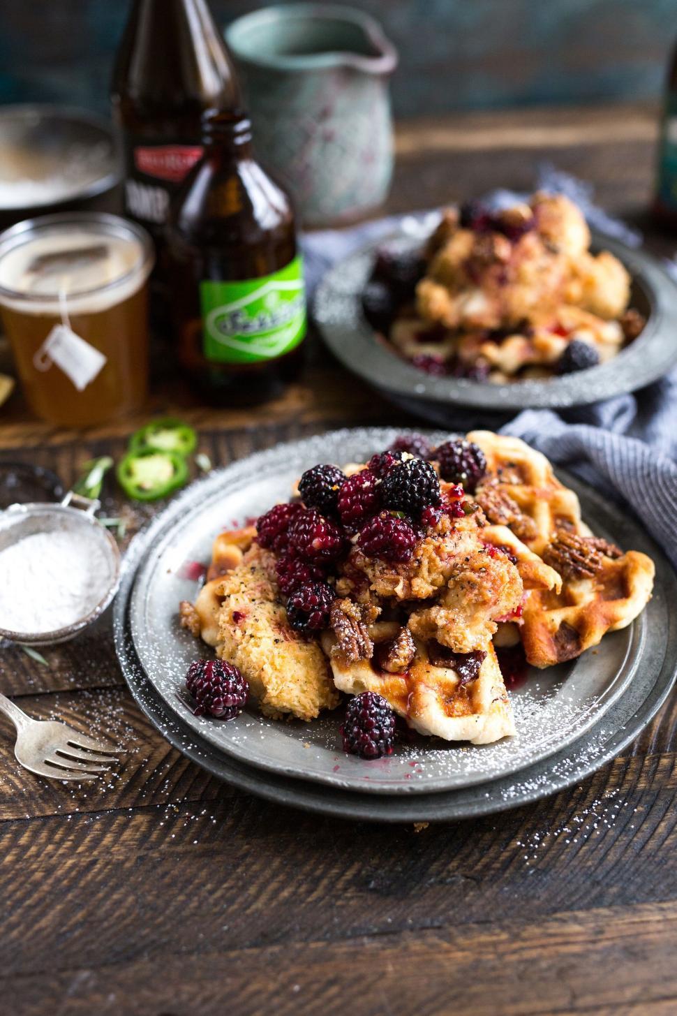Free Image of Rustic waffle breakfast with refreshing beer 
