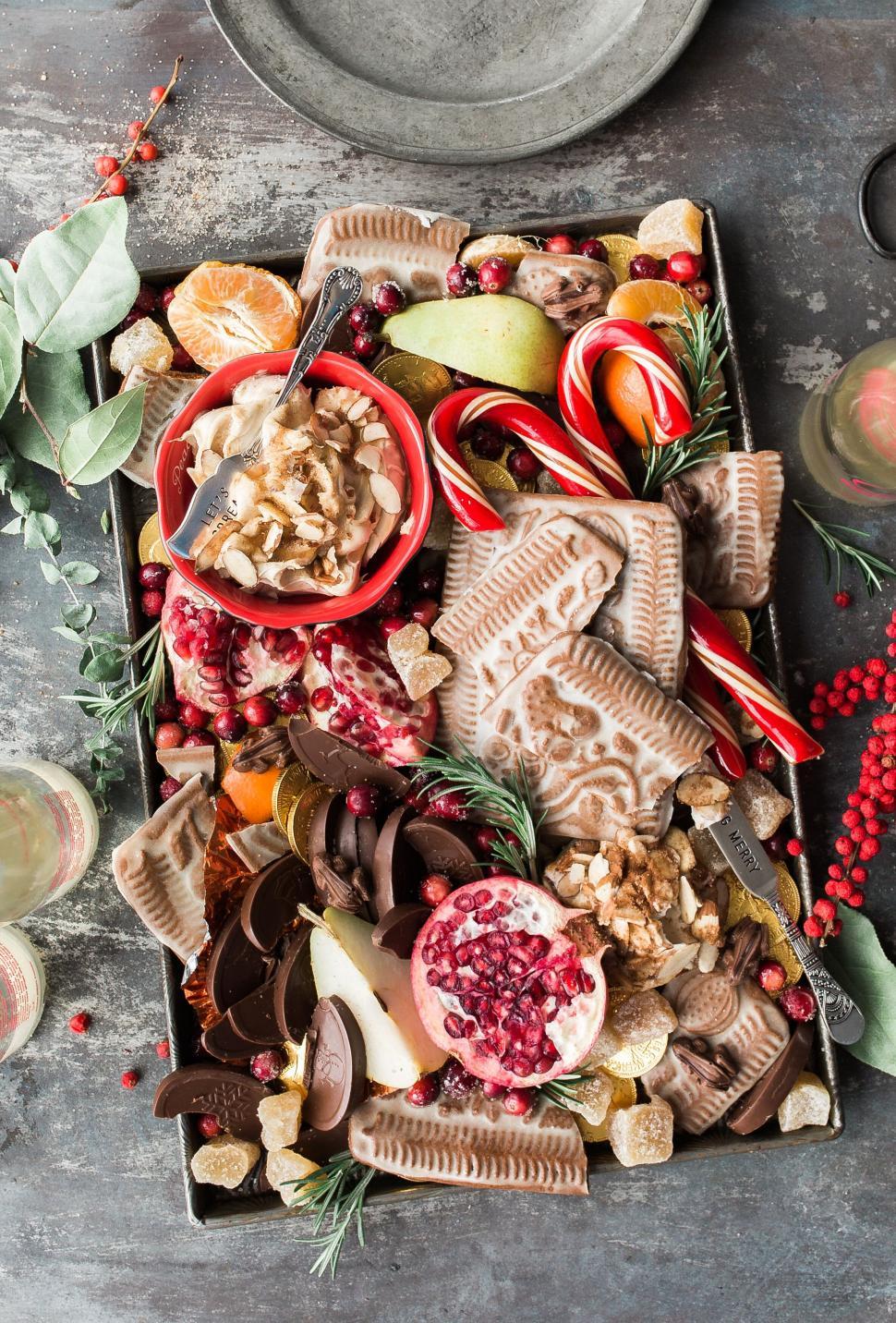 Free Image of Gourmet chocolate and fruit platter overhead 