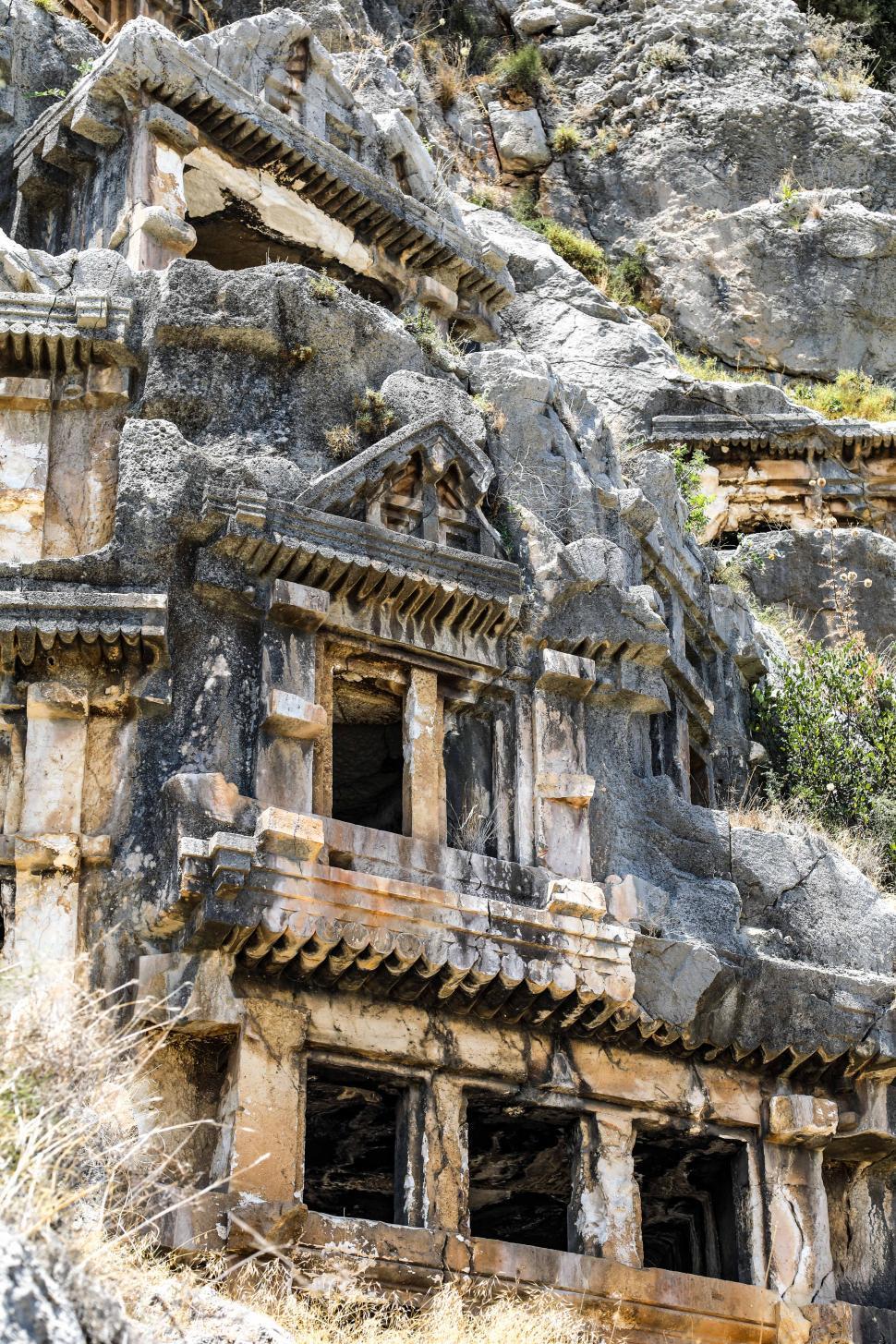 Free Image of Close-up of Lycian rock-cut tomb entrances 