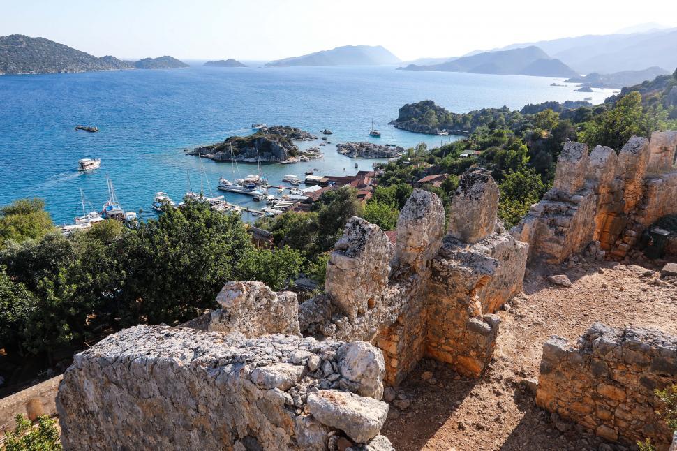 Free Image of Historic ruins overlooking a Turkish bay 