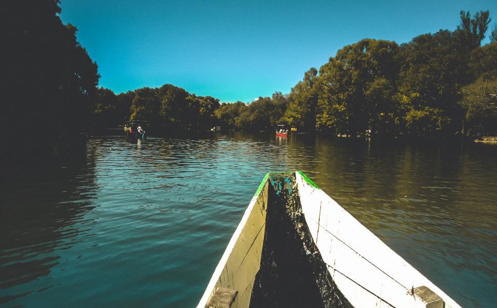 Free Image of View from a boat on a tranquil river surrounded by trees 