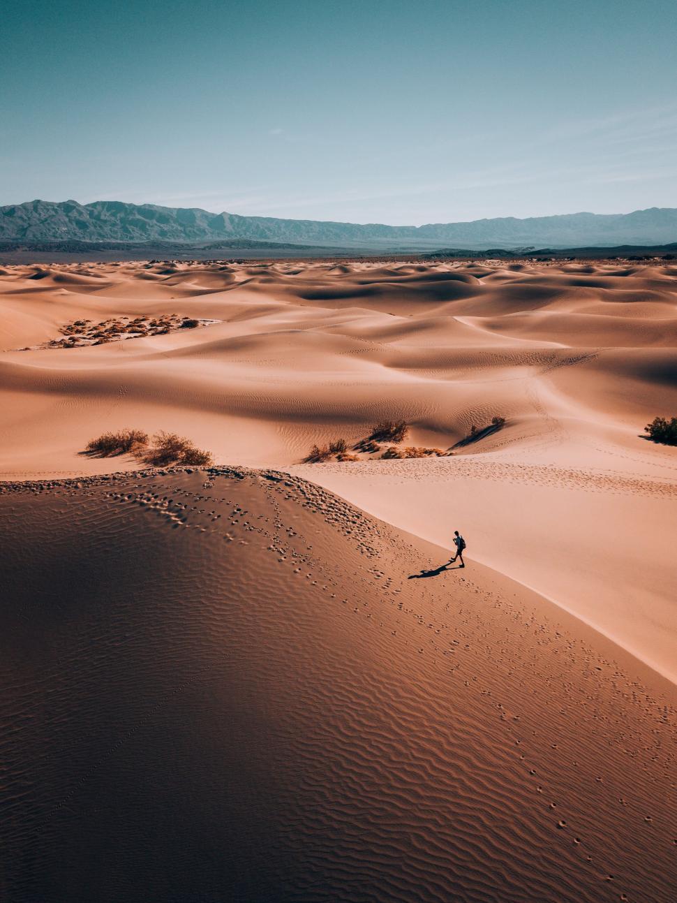Free Image of Lone hiker traversing vast desert dunes 