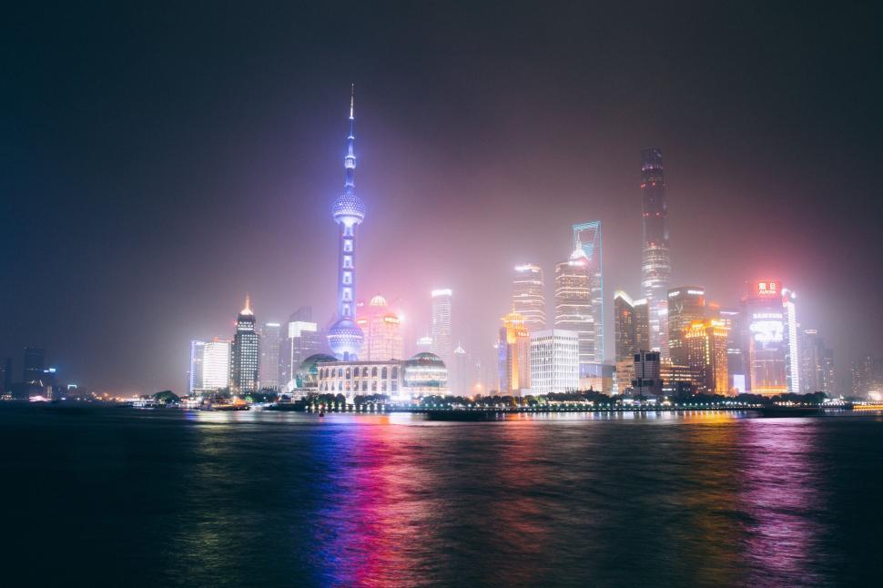 Free Image of Misty night view of Shanghai skyline 