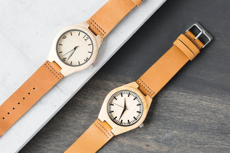 Free Image of Modern watches with leather straps 