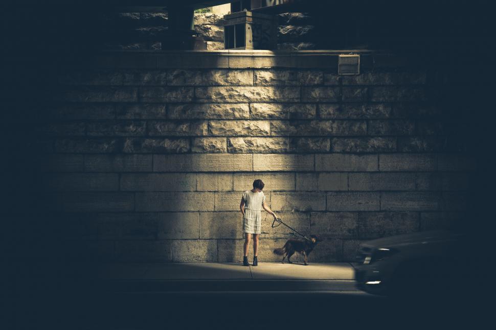 Free Image of Person walking dog in alley shadow 