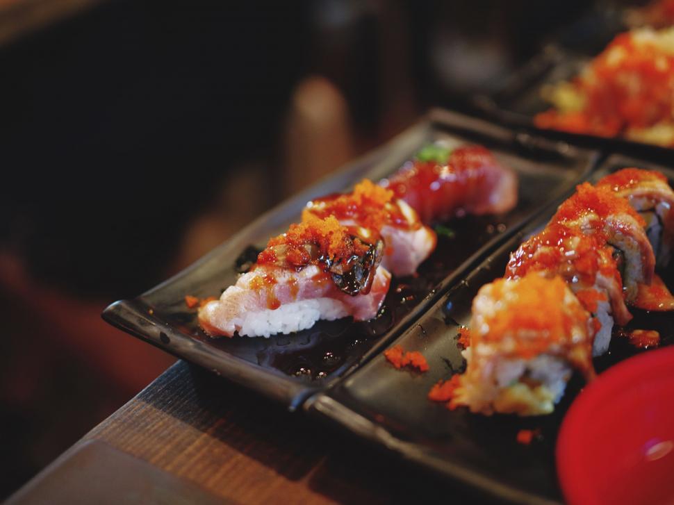 Free Image of Close-up of delicious sushi platter on table 