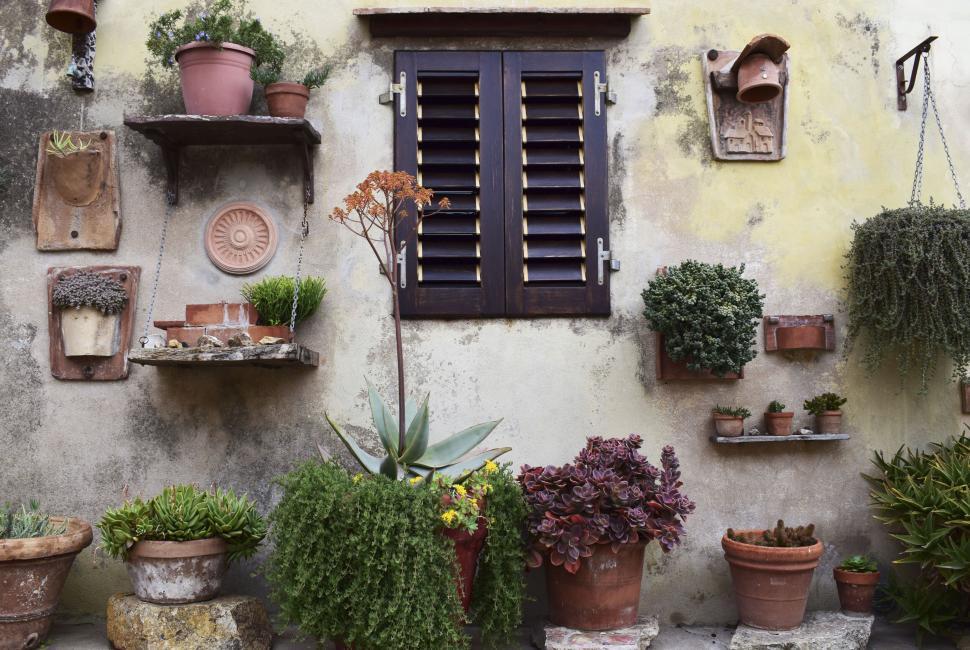 Free Image of Traditional Italian wall with potted plants 