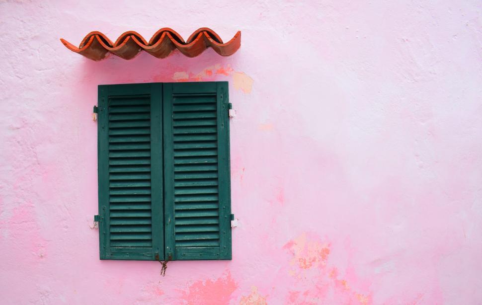 Free Image of Green window shutters on pink wall 