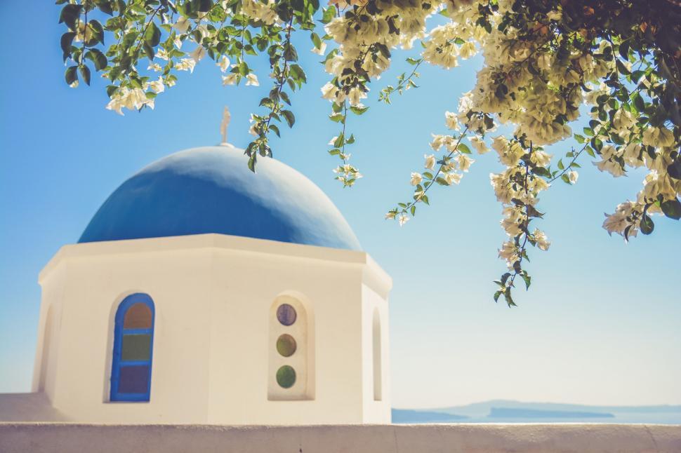 Free Image of Bright blue dome of a Greek church 