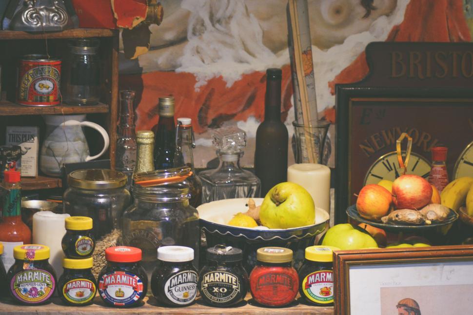 Free Image of Vintage pantry shelf with assorted food items 