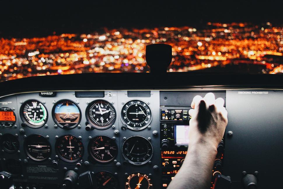 Free Image of Pilot s view from cockpit of aircraft at night 