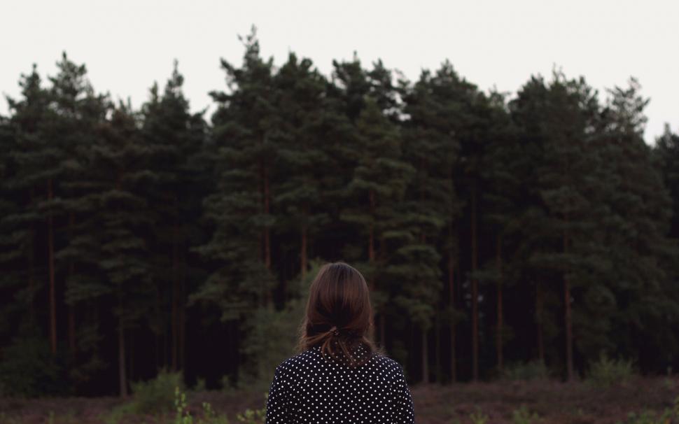 Free Image of Woman facing a pine forest 