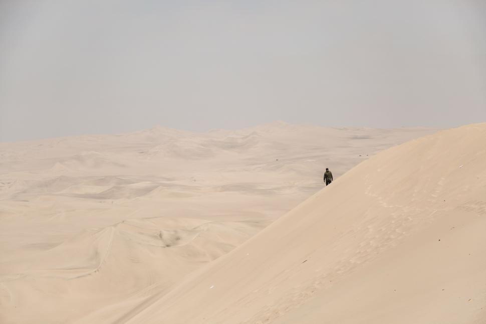 Free Image of Lone figure atop a vast desert landscape 