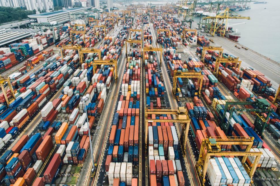 Free Image of Aerial view of busy shipping container yard 