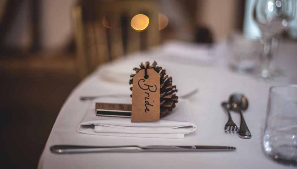 Free Image of Table setting with a Bride pinecone placeholder 