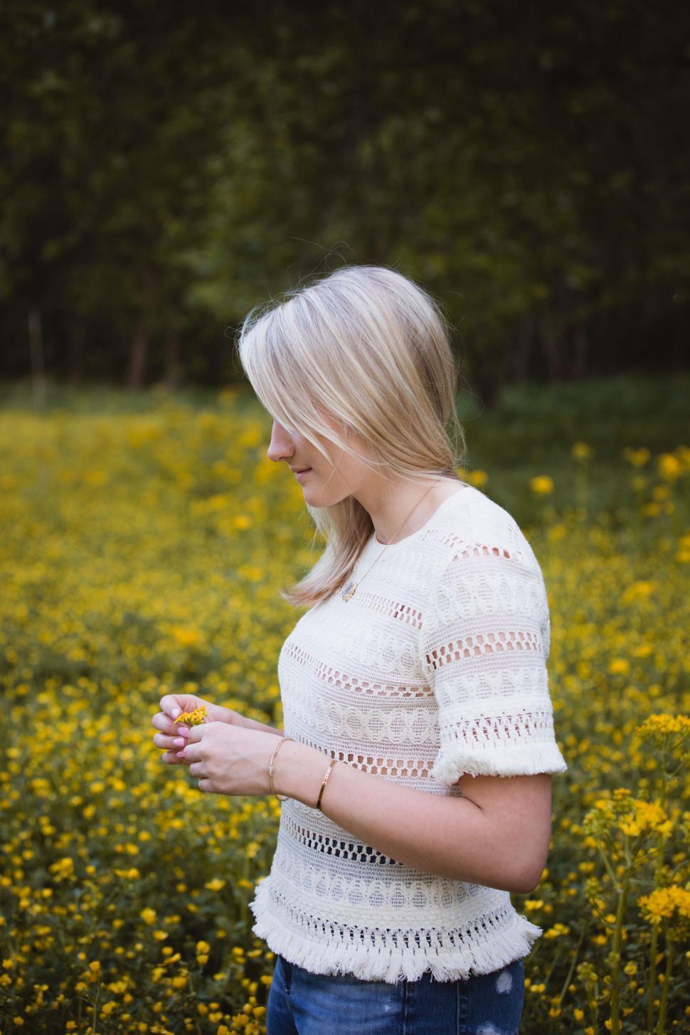 Free Image of Woman in a field of yellow flowers 