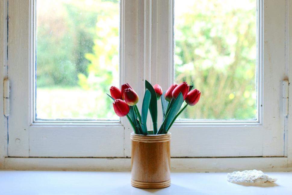 Free Image of Tulips in a vase on bright window sill 