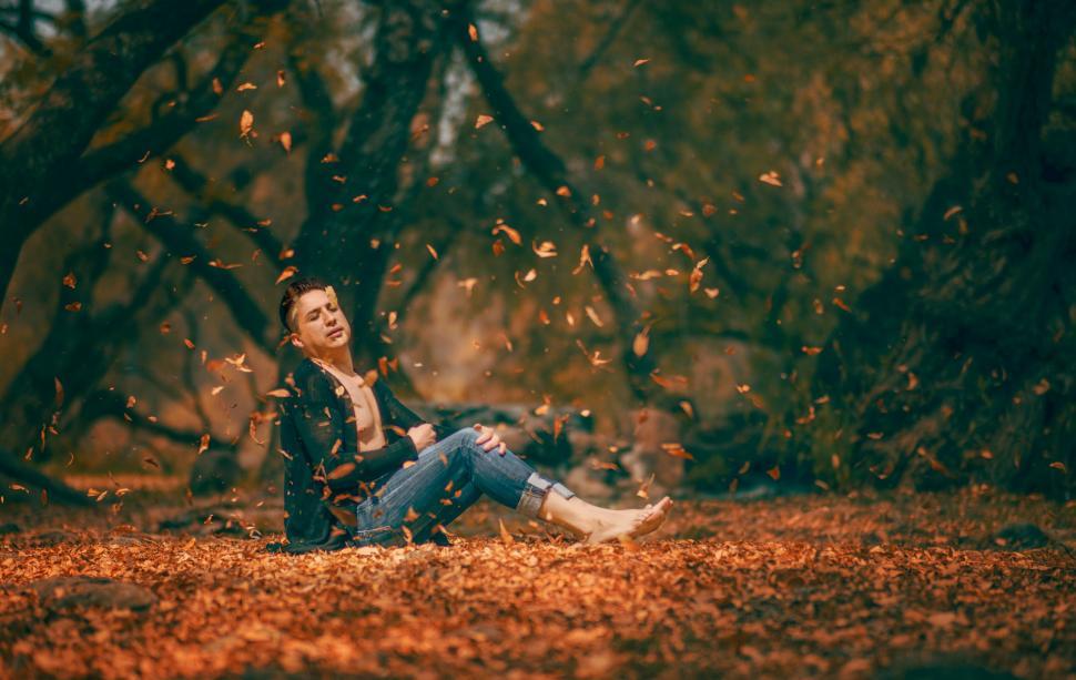 Free Image of Man sitting among fallen leaves in autumn 