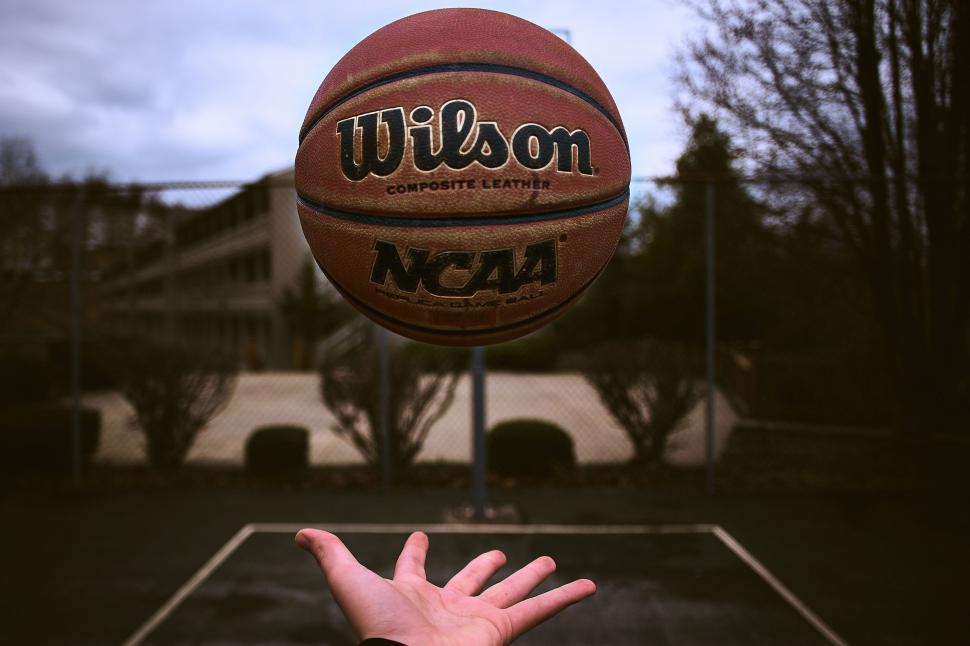 Free Image of Basketball suspended over a hand outdoors 