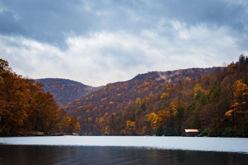 Free Image of Foggy autumn lake with forest and cabin 