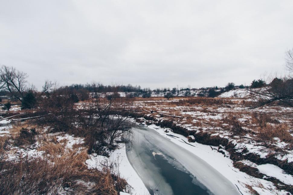 Free Image of Winter landscape with a frozen stream 