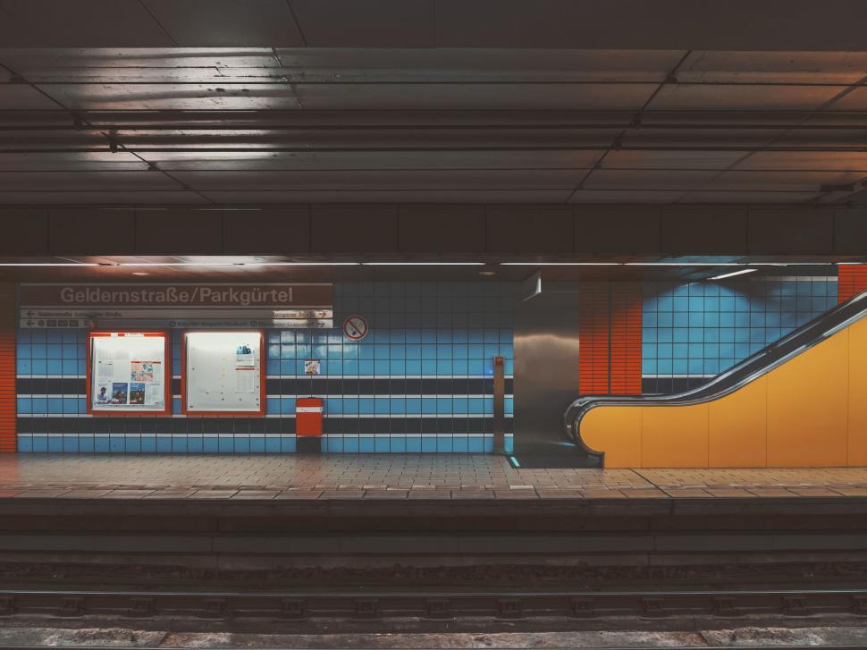 Free Image of Subway station platform with escalators 