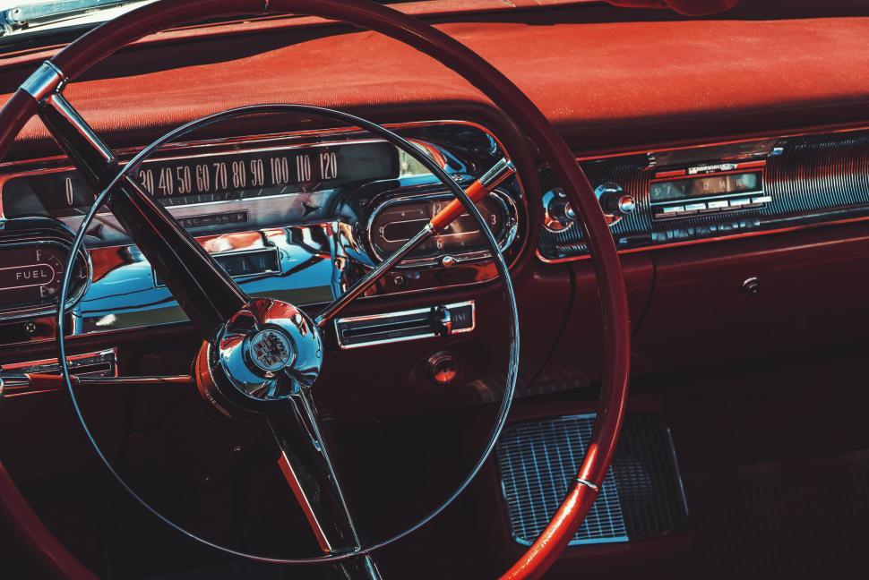 Free Image of Classic Car Interior with Red Steering Wheel 